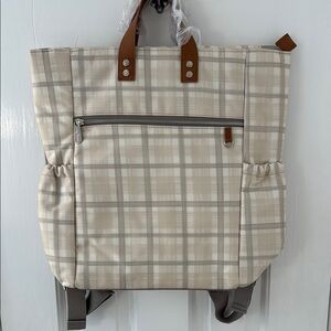 NWOT Picnic Backpack plaid with brown accent.